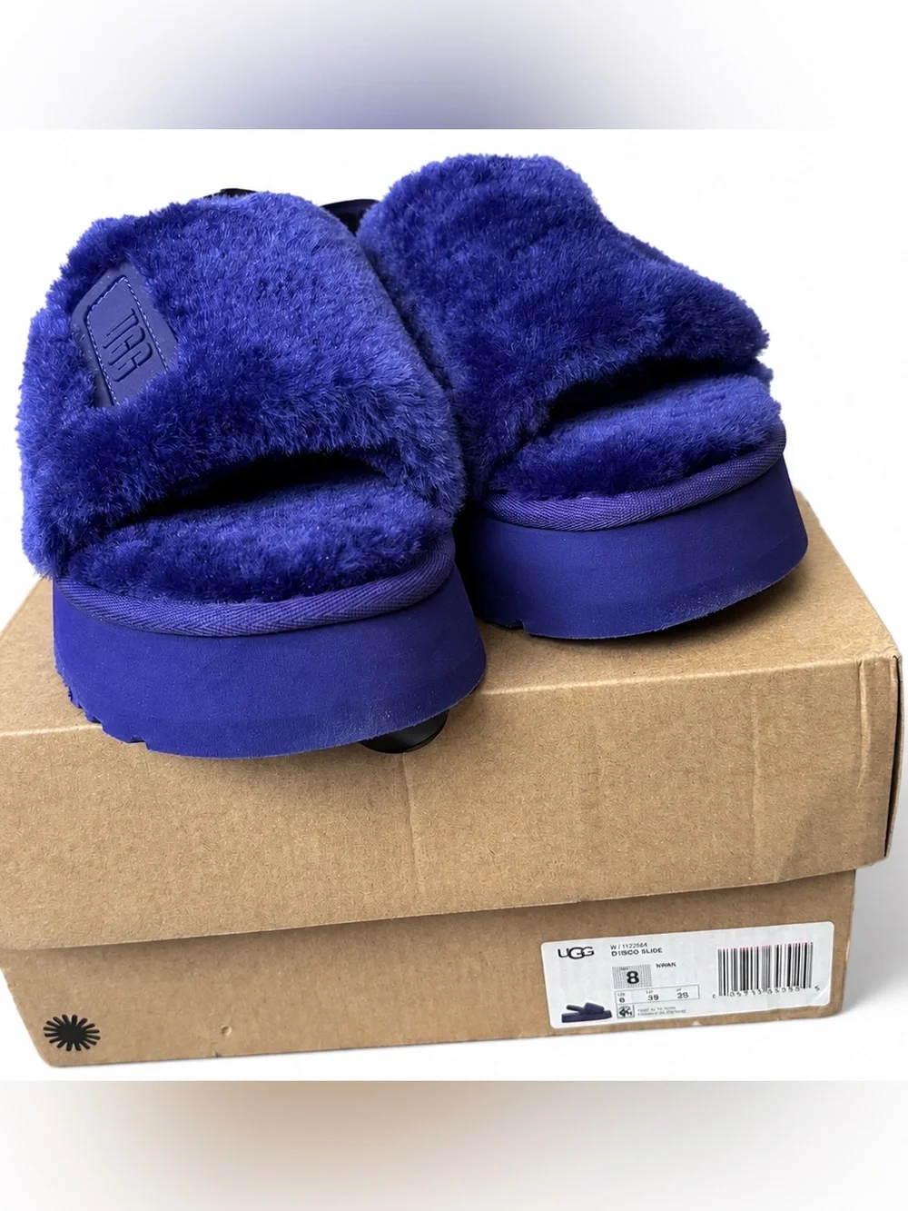 UGG Purple Faux Fur Platform Slingback Sandals Size 8 NWT & Box